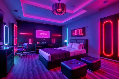 photo from pinterest of gaming room-style interior designed (hotel room interior) with hotel bathroom and bed and headboard and mirror and storage bench or ottoman and dresser closet and accent chair and plant. . with speakers and purple and red lights and multiple displays and purple, red and blue fade light and dark walls and computer desk with computer displays and keyboard and neon letters on wall and dark room. . cinematic photo, highly detailed, cinematic lighting, ultra-detailed, ultrarealistic, photorealism, 8k. trending on pinterest. gaming room interior design style. masterpiece, cinematic light, ultrarealistic+, photorealistic+, 8k, raw photo, realistic, sharp focus on eyes, (symmetrical eyes), (intact eyes), hyperrealistic, highest quality, best quality, , highly detailed, masterpiece, best quality, extremely detailed 8k wallpaper, masterpiece, best quality, ultra-detailed, best shadow, detailed background, detailed face, detailed eyes, high contrast, best illumination, detailed face, dulux, caustic, dynamic angle, detailed glow. dramatic lighting. highly detailed, insanely detailed hair, symmetrical, intricate details, professionally retouched, 8k high definition. strong bokeh. award winning photo.