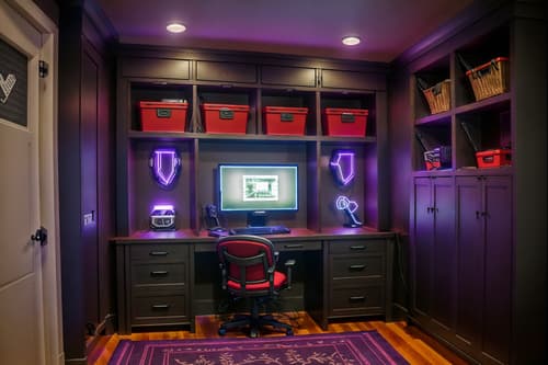 photo from pinterest of gaming room-style interior designed (mudroom interior) with a bench and storage baskets and storage drawers and shelves for shoes and cabinets and cubbies and wall hooks for coats and high up storage. . with multiple displays and gaming chair and dark room and purple and red lights and computer desk with computer displays and keyboard and neon lights and dark walls and purple, red and blue fade light. . cinematic photo, highly detailed, cinematic lighting, ultra-detailed, ultrarealistic, photorealism, 8k. trending on pinterest. gaming room interior design style. masterpiece, cinematic light, ultrarealistic+, photorealistic+, 8k, raw photo, realistic, sharp focus on eyes, (symmetrical eyes), (intact eyes), hyperrealistic, highest quality, best quality, , highly detailed, masterpiece, best quality, extremely detailed 8k wallpaper, masterpiece, best quality, ultra-detailed, best shadow, detailed background, detailed face, detailed eyes, high contrast, best illumination, detailed face, dulux, caustic, dynamic angle, detailed glow. dramatic lighting. highly detailed, insanely detailed hair, symmetrical, intricate details, professionally retouched, 8k high definition. strong bokeh. award winning photo.