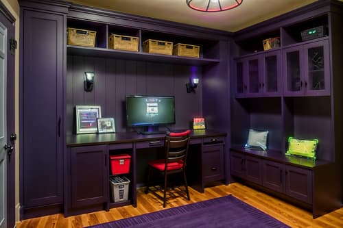 photo from pinterest of gaming room-style interior designed (mudroom interior) with a bench and storage baskets and storage drawers and shelves for shoes and cabinets and cubbies and wall hooks for coats and high up storage. . with multiple displays and gaming chair and dark room and purple and red lights and computer desk with computer displays and keyboard and neon lights and dark walls and purple, red and blue fade light. . cinematic photo, highly detailed, cinematic lighting, ultra-detailed, ultrarealistic, photorealism, 8k. trending on pinterest. gaming room interior design style. masterpiece, cinematic light, ultrarealistic+, photorealistic+, 8k, raw photo, realistic, sharp focus on eyes, (symmetrical eyes), (intact eyes), hyperrealistic, highest quality, best quality, , highly detailed, masterpiece, best quality, extremely detailed 8k wallpaper, masterpiece, best quality, ultra-detailed, best shadow, detailed background, detailed face, detailed eyes, high contrast, best illumination, detailed face, dulux, caustic, dynamic angle, detailed glow. dramatic lighting. highly detailed, insanely detailed hair, symmetrical, intricate details, professionally retouched, 8k high definition. strong bokeh. award winning photo.