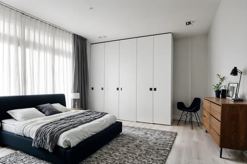 photo from pinterest of minimalist-style interior designed (bedroom interior) with headboard and accent chair and mirror and night light and plant and bed and bedside table or night stand and dresser closet. . with functional furniture and an open floor plan and a monochromatic palette with colour used as an accent and lots of light and clean lines and focus on the shape, colour and texture of just a few of essential elements and functional furniture. . cinematic photo, highly detailed, cinematic lighting, ultra-detailed, ultrarealistic, photorealism, 8k. trending on pinterest. minimalist interior design style. masterpiece, cinematic light, ultrarealistic+, photorealistic+, 8k, raw photo, realistic, sharp focus on eyes, (symmetrical eyes), (intact eyes), hyperrealistic, highest quality, best quality, , highly detailed, masterpiece, best quality, extremely detailed 8k wallpaper, masterpiece, best quality, ultra-detailed, best shadow, detailed background, detailed face, detailed eyes, high contrast, best illumination, detailed face, dulux, caustic, dynamic angle, detailed glow. dramatic lighting. highly detailed, insanely detailed hair, symmetrical, intricate details, professionally retouched, 8k high definition. strong bokeh. award winning photo.