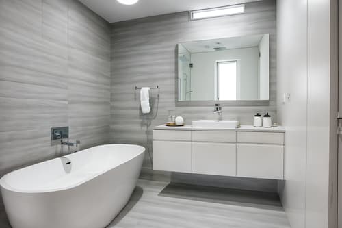 photo from pinterest of minimalist-style interior designed (bathroom interior) with waste basket and bathroom sink with faucet and bath rail and mirror and shower and toilet seat and bathtub and bathroom cabinet. . with an open floor plan and functional furniture and focus on the shape, colour and texture of just a few of essential elements and a monochromatic palette with colour used as an accent and lots of light and clean lines and an open floor plan. . cinematic photo, highly detailed, cinematic lighting, ultra-detailed, ultrarealistic, photorealism, 8k. trending on pinterest. minimalist interior design style. masterpiece, cinematic light, ultrarealistic+, photorealistic+, 8k, raw photo, realistic, sharp focus on eyes, (symmetrical eyes), (intact eyes), hyperrealistic, highest quality, best quality, , highly detailed, masterpiece, best quality, extremely detailed 8k wallpaper, masterpiece, best quality, ultra-detailed, best shadow, detailed background, detailed face, detailed eyes, high contrast, best illumination, detailed face, dulux, caustic, dynamic angle, detailed glow. dramatic lighting. highly detailed, insanely detailed hair, symmetrical, intricate details, professionally retouched, 8k high definition. strong bokeh. award winning photo.