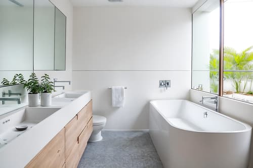 photo from pinterest of minimalist-style interior designed (hotel bathroom interior) with bathtub and waste basket and mirror and shower and plant and bath towel and bathroom cabinet and bathroom sink with faucet. . with an open floor plan and lots of light and focus on the shape, colour and texture of just a few of essential elements and clean lines and a monochromatic palette with colour used as an accent and functional furniture and an open floor plan. . cinematic photo, highly detailed, cinematic lighting, ultra-detailed, ultrarealistic, photorealism, 8k. trending on pinterest. minimalist interior design style. masterpiece, cinematic light, ultrarealistic+, photorealistic+, 8k, raw photo, realistic, sharp focus on eyes, (symmetrical eyes), (intact eyes), hyperrealistic, highest quality, best quality, , highly detailed, masterpiece, best quality, extremely detailed 8k wallpaper, masterpiece, best quality, ultra-detailed, best shadow, detailed background, detailed face, detailed eyes, high contrast, best illumination, detailed face, dulux, caustic, dynamic angle, detailed glow. dramatic lighting. highly detailed, insanely detailed hair, symmetrical, intricate details, professionally retouched, 8k high definition. strong bokeh. award winning photo.