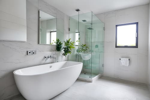 photo from pinterest of minimalist-style interior designed (hotel bathroom interior) with bathtub and waste basket and mirror and shower and plant and bath towel and bathroom cabinet and bathroom sink with faucet. . with an open floor plan and lots of light and focus on the shape, colour and texture of just a few of essential elements and clean lines and a monochromatic palette with colour used as an accent and functional furniture and an open floor plan. . cinematic photo, highly detailed, cinematic lighting, ultra-detailed, ultrarealistic, photorealism, 8k. trending on pinterest. minimalist interior design style. masterpiece, cinematic light, ultrarealistic+, photorealistic+, 8k, raw photo, realistic, sharp focus on eyes, (symmetrical eyes), (intact eyes), hyperrealistic, highest quality, best quality, , highly detailed, masterpiece, best quality, extremely detailed 8k wallpaper, masterpiece, best quality, ultra-detailed, best shadow, detailed background, detailed face, detailed eyes, high contrast, best illumination, detailed face, dulux, caustic, dynamic angle, detailed glow. dramatic lighting. highly detailed, insanely detailed hair, symmetrical, intricate details, professionally retouched, 8k high definition. strong bokeh. award winning photo.