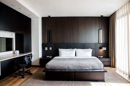 photo from pinterest of minimalist-style interior designed (hotel room interior) with bed and mirror and accent chair and storage bench or ottoman and working desk with desk chair and night light and headboard and hotel bathroom. . with lots of light and an open floor plan and clean lines and focus on the shape, colour and texture of just a few of essential elements and functional furniture and a monochromatic palette with colour used as an accent and lots of light. . cinematic photo, highly detailed, cinematic lighting, ultra-detailed, ultrarealistic, photorealism, 8k. trending on pinterest. minimalist interior design style. masterpiece, cinematic light, ultrarealistic+, photorealistic+, 8k, raw photo, realistic, sharp focus on eyes, (symmetrical eyes), (intact eyes), hyperrealistic, highest quality, best quality, , highly detailed, masterpiece, best quality, extremely detailed 8k wallpaper, masterpiece, best quality, ultra-detailed, best shadow, detailed background, detailed face, detailed eyes, high contrast, best illumination, detailed face, dulux, caustic, dynamic angle, detailed glow. dramatic lighting. highly detailed, insanely detailed hair, symmetrical, intricate details, professionally retouched, 8k high definition. strong bokeh. award winning photo.