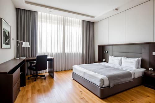 photo from pinterest of minimalist-style interior designed (hotel room interior) with bed and mirror and accent chair and storage bench or ottoman and working desk with desk chair and night light and headboard and hotel bathroom. . with lots of light and an open floor plan and clean lines and focus on the shape, colour and texture of just a few of essential elements and functional furniture and a monochromatic palette with colour used as an accent and lots of light. . cinematic photo, highly detailed, cinematic lighting, ultra-detailed, ultrarealistic, photorealism, 8k. trending on pinterest. minimalist interior design style. masterpiece, cinematic light, ultrarealistic+, photorealistic+, 8k, raw photo, realistic, sharp focus on eyes, (symmetrical eyes), (intact eyes), hyperrealistic, highest quality, best quality, , highly detailed, masterpiece, best quality, extremely detailed 8k wallpaper, masterpiece, best quality, ultra-detailed, best shadow, detailed background, detailed face, detailed eyes, high contrast, best illumination, detailed face, dulux, caustic, dynamic angle, detailed glow. dramatic lighting. highly detailed, insanely detailed hair, symmetrical, intricate details, professionally retouched, 8k high definition. strong bokeh. award winning photo.