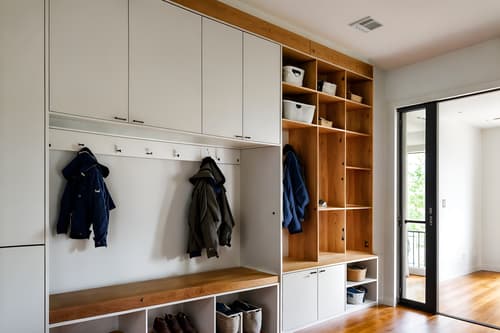 photo from pinterest of minimalist-style interior designed (mudroom interior) with storage drawers and high up storage and cubbies and storage baskets and cabinets and wall hooks for coats and shelves for shoes and a bench. . with focus on the shape, colour and texture of just a few of essential elements and functional furniture and an open floor plan and clean lines and a monochromatic palette with colour used as an accent and lots of light and focus on the shape, colour and texture of just a few of essential elements. . cinematic photo, highly detailed, cinematic lighting, ultra-detailed, ultrarealistic, photorealism, 8k. trending on pinterest. minimalist interior design style. masterpiece, cinematic light, ultrarealistic+, photorealistic+, 8k, raw photo, realistic, sharp focus on eyes, (symmetrical eyes), (intact eyes), hyperrealistic, highest quality, best quality, , highly detailed, masterpiece, best quality, extremely detailed 8k wallpaper, masterpiece, best quality, ultra-detailed, best shadow, detailed background, detailed face, detailed eyes, high contrast, best illumination, detailed face, dulux, caustic, dynamic angle, detailed glow. dramatic lighting. highly detailed, insanely detailed hair, symmetrical, intricate details, professionally retouched, 8k high definition. strong bokeh. award winning photo.