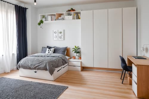 photo from pinterest of minimalist-style interior designed (kids room interior) with plant and night light and headboard and mirror and kids desk and dresser closet and storage bench or ottoman and bed. . with an open floor plan and functional furniture and clean lines and a monochromatic palette with colour used as an accent and focus on the shape, colour and texture of just a few of essential elements and lots of light and an open floor plan. . cinematic photo, highly detailed, cinematic lighting, ultra-detailed, ultrarealistic, photorealism, 8k. trending on pinterest. minimalist interior design style. masterpiece, cinematic light, ultrarealistic+, photorealistic+, 8k, raw photo, realistic, sharp focus on eyes, (symmetrical eyes), (intact eyes), hyperrealistic, highest quality, best quality, , highly detailed, masterpiece, best quality, extremely detailed 8k wallpaper, masterpiece, best quality, ultra-detailed, best shadow, detailed background, detailed face, detailed eyes, high contrast, best illumination, detailed face, dulux, caustic, dynamic angle, detailed glow. dramatic lighting. highly detailed, insanely detailed hair, symmetrical, intricate details, professionally retouched, 8k high definition. strong bokeh. award winning photo.