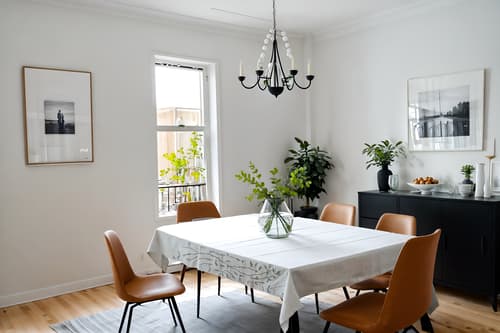 photo from pinterest of minimalist-style interior designed (dining room interior) with painting or photo on wall and table cloth and plates, cutlery and glasses on dining table and plant and bookshelves and dining table and light or chandelier and vase. . with an open floor plan and a monochromatic palette with colour used as an accent and lots of light and focus on the shape, colour and texture of just a few of essential elements and functional furniture and clean lines and an open floor plan. . cinematic photo, highly detailed, cinematic lighting, ultra-detailed, ultrarealistic, photorealism, 8k. trending on pinterest. minimalist interior design style. masterpiece, cinematic light, ultrarealistic+, photorealistic+, 8k, raw photo, realistic, sharp focus on eyes, (symmetrical eyes), (intact eyes), hyperrealistic, highest quality, best quality, , highly detailed, masterpiece, best quality, extremely detailed 8k wallpaper, masterpiece, best quality, ultra-detailed, best shadow, detailed background, detailed face, detailed eyes, high contrast, best illumination, detailed face, dulux, caustic, dynamic angle, detailed glow. dramatic lighting. highly detailed, insanely detailed hair, symmetrical, intricate details, professionally retouched, 8k high definition. strong bokeh. award winning photo.