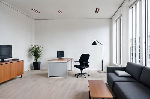photo from pinterest of minimalist-style interior designed (office interior) with office chairs and seating area with sofa and cabinets and desk lamps and plants and computer desks and lounge chairs and office desks. . with clean lines and an open floor plan and focus on the shape, colour and texture of just a few of essential elements and functional furniture and a monochromatic palette with colour used as an accent and lots of light and clean lines. . cinematic photo, highly detailed, cinematic lighting, ultra-detailed, ultrarealistic, photorealism, 8k. trending on pinterest. minimalist interior design style. masterpiece, cinematic light, ultrarealistic+, photorealistic+, 8k, raw photo, realistic, sharp focus on eyes, (symmetrical eyes), (intact eyes), hyperrealistic, highest quality, best quality, , highly detailed, masterpiece, best quality, extremely detailed 8k wallpaper, masterpiece, best quality, ultra-detailed, best shadow, detailed background, detailed face, detailed eyes, high contrast, best illumination, detailed face, dulux, caustic, dynamic angle, detailed glow. dramatic lighting. highly detailed, insanely detailed hair, symmetrical, intricate details, professionally retouched, 8k high definition. strong bokeh. award winning photo.
