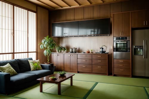 photo from pinterest of japanese design-style interior designed (kitchen living combo interior) with chairs and plant and refrigerator and coffee tables and sofa and bookshelves and plant and kitchen cabinets. . with . . cinematic photo, highly detailed, cinematic lighting, ultra-detailed, ultrarealistic, photorealism, 8k. trending on pinterest. japanese design interior design style. masterpiece, cinematic light, ultrarealistic+, photorealistic+, 8k, raw photo, realistic, sharp focus on eyes, (symmetrical eyes), (intact eyes), hyperrealistic, highest quality, best quality, , highly detailed, masterpiece, best quality, extremely detailed 8k wallpaper, masterpiece, best quality, ultra-detailed, best shadow, detailed background, detailed face, detailed eyes, high contrast, best illumination, detailed face, dulux, caustic, dynamic angle, detailed glow. dramatic lighting. highly detailed, insanely detailed hair, symmetrical, intricate details, professionally retouched, 8k high definition. strong bokeh. award winning photo.