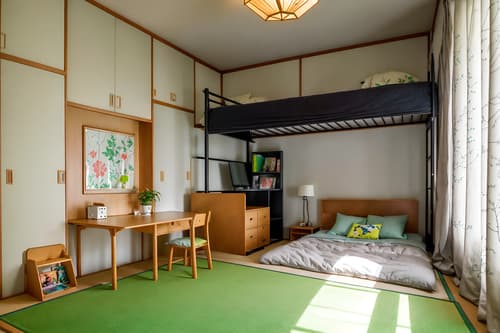 photo from pinterest of japanese design-style interior designed (kids room interior) with kids desk and mirror and plant and night light and storage bench or ottoman and bedside table or night stand and bed and accent chair. . with . . cinematic photo, highly detailed, cinematic lighting, ultra-detailed, ultrarealistic, photorealism, 8k. trending on pinterest. japanese design interior design style. masterpiece, cinematic light, ultrarealistic+, photorealistic+, 8k, raw photo, realistic, sharp focus on eyes, (symmetrical eyes), (intact eyes), hyperrealistic, highest quality, best quality, , highly detailed, masterpiece, best quality, extremely detailed 8k wallpaper, masterpiece, best quality, ultra-detailed, best shadow, detailed background, detailed face, detailed eyes, high contrast, best illumination, detailed face, dulux, caustic, dynamic angle, detailed glow. dramatic lighting. highly detailed, insanely detailed hair, symmetrical, intricate details, professionally retouched, 8k high definition. strong bokeh. award winning photo.