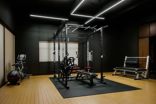 photo from pinterest of japanese design-style interior designed (fitness gym interior) with exercise bicycle and squat rack and crosstrainer and dumbbell stand and bench press and exercise bicycle. . with . . cinematic photo, highly detailed, cinematic lighting, ultra-detailed, ultrarealistic, photorealism, 8k. trending on pinterest. japanese design interior design style. masterpiece, cinematic light, ultrarealistic+, photorealistic+, 8k, raw photo, realistic, sharp focus on eyes, (symmetrical eyes), (intact eyes), hyperrealistic, highest quality, best quality, , highly detailed, masterpiece, best quality, extremely detailed 8k wallpaper, masterpiece, best quality, ultra-detailed, best shadow, detailed background, detailed face, detailed eyes, high contrast, best illumination, detailed face, dulux, caustic, dynamic angle, detailed glow. dramatic lighting. highly detailed, insanely detailed hair, symmetrical, intricate details, professionally retouched, 8k high definition. strong bokeh. award winning photo.