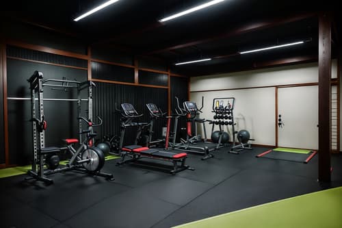 photo from pinterest of japanese design-style interior designed (fitness gym interior) with exercise bicycle and squat rack and crosstrainer and dumbbell stand and bench press and exercise bicycle. . with . . cinematic photo, highly detailed, cinematic lighting, ultra-detailed, ultrarealistic, photorealism, 8k. trending on pinterest. japanese design interior design style. masterpiece, cinematic light, ultrarealistic+, photorealistic+, 8k, raw photo, realistic, sharp focus on eyes, (symmetrical eyes), (intact eyes), hyperrealistic, highest quality, best quality, , highly detailed, masterpiece, best quality, extremely detailed 8k wallpaper, masterpiece, best quality, ultra-detailed, best shadow, detailed background, detailed face, detailed eyes, high contrast, best illumination, detailed face, dulux, caustic, dynamic angle, detailed glow. dramatic lighting. highly detailed, insanely detailed hair, symmetrical, intricate details, professionally retouched, 8k high definition. strong bokeh. award winning photo.