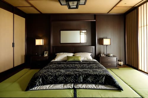 photo from pinterest of japanese design-style interior designed (bedroom interior) with dresser closet and bedside table or night stand and mirror and accent chair and headboard and plant and bed and night light. . with . . cinematic photo, highly detailed, cinematic lighting, ultra-detailed, ultrarealistic, photorealism, 8k. trending on pinterest. japanese design interior design style. masterpiece, cinematic light, ultrarealistic+, photorealistic+, 8k, raw photo, realistic, sharp focus on eyes, (symmetrical eyes), (intact eyes), hyperrealistic, highest quality, best quality, , highly detailed, masterpiece, best quality, extremely detailed 8k wallpaper, masterpiece, best quality, ultra-detailed, best shadow, detailed background, detailed face, detailed eyes, high contrast, best illumination, detailed face, dulux, caustic, dynamic angle, detailed glow. dramatic lighting. highly detailed, insanely detailed hair, symmetrical, intricate details, professionally retouched, 8k high definition. strong bokeh. award winning photo.