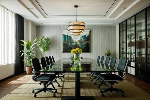 photo from pinterest of eclectic-style interior designed (meeting room interior) with office chairs and painting or photo on wall and vase and glass doors and glass walls and boardroom table and plant and cabinets. . . cinematic photo, highly detailed, cinematic lighting, ultra-detailed, ultrarealistic, photorealism, 8k. trending on pinterest. eclectic interior design style. masterpiece, cinematic light, ultrarealistic+, photorealistic+, 8k, raw photo, realistic, sharp focus on eyes, (symmetrical eyes), (intact eyes), hyperrealistic, highest quality, best quality, , highly detailed, masterpiece, best quality, extremely detailed 8k wallpaper, masterpiece, best quality, ultra-detailed, best shadow, detailed background, detailed face, detailed eyes, high contrast, best illumination, detailed face, dulux, caustic, dynamic angle, detailed glow. dramatic lighting. highly detailed, insanely detailed hair, symmetrical, intricate details, professionally retouched, 8k high definition. strong bokeh. award winning photo.