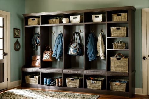 photo from pinterest of eclectic-style interior designed (mudroom interior) with storage drawers and storage baskets and shelves for shoes and wall hooks for coats and a bench and high up storage and cabinets and cubbies. . . cinematic photo, highly detailed, cinematic lighting, ultra-detailed, ultrarealistic, photorealism, 8k. trending on pinterest. eclectic interior design style. masterpiece, cinematic light, ultrarealistic+, photorealistic+, 8k, raw photo, realistic, sharp focus on eyes, (symmetrical eyes), (intact eyes), hyperrealistic, highest quality, best quality, , highly detailed, masterpiece, best quality, extremely detailed 8k wallpaper, masterpiece, best quality, ultra-detailed, best shadow, detailed background, detailed face, detailed eyes, high contrast, best illumination, detailed face, dulux, caustic, dynamic angle, detailed glow. dramatic lighting. highly detailed, insanely detailed hair, symmetrical, intricate details, professionally retouched, 8k high definition. strong bokeh. award winning photo.