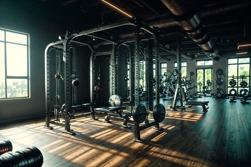 photo from pinterest of eclectic-style interior designed (fitness gym interior) with squat rack and crosstrainer and exercise bicycle and bench press and dumbbell stand and squat rack. . . cinematic photo, highly detailed, cinematic lighting, ultra-detailed, ultrarealistic, photorealism, 8k. trending on pinterest. eclectic interior design style. masterpiece, cinematic light, ultrarealistic+, photorealistic+, 8k, raw photo, realistic, sharp focus on eyes, (symmetrical eyes), (intact eyes), hyperrealistic, highest quality, best quality, , highly detailed, masterpiece, best quality, extremely detailed 8k wallpaper, masterpiece, best quality, ultra-detailed, best shadow, detailed background, detailed face, detailed eyes, high contrast, best illumination, detailed face, dulux, caustic, dynamic angle, detailed glow. dramatic lighting. highly detailed, insanely detailed hair, symmetrical, intricate details, professionally retouched, 8k high definition. strong bokeh. award winning photo.