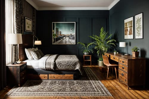 photo from pinterest of eclectic-style interior designed (hotel room interior) with bedside table or night stand and plant and bed and storage bench or ottoman and working desk with desk chair and night light and hotel bathroom and headboard. . . cinematic photo, highly detailed, cinematic lighting, ultra-detailed, ultrarealistic, photorealism, 8k. trending on pinterest. eclectic interior design style. masterpiece, cinematic light, ultrarealistic+, photorealistic+, 8k, raw photo, realistic, sharp focus on eyes, (symmetrical eyes), (intact eyes), hyperrealistic, highest quality, best quality, , highly detailed, masterpiece, best quality, extremely detailed 8k wallpaper, masterpiece, best quality, ultra-detailed, best shadow, detailed background, detailed face, detailed eyes, high contrast, best illumination, detailed face, dulux, caustic, dynamic angle, detailed glow. dramatic lighting. highly detailed, insanely detailed hair, symmetrical, intricate details, professionally retouched, 8k high definition. strong bokeh. award winning photo.