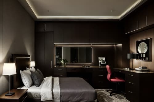 photo from pinterest of contemporary-style interior designed (hotel room interior) with dresser closet and bedside table or night stand and night light and bed and plant and working desk with desk chair and mirror and headboard. . with . . cinematic photo, highly detailed, cinematic lighting, ultra-detailed, ultrarealistic, photorealism, 8k. trending on pinterest. contemporary interior design style. masterpiece, cinematic light, ultrarealistic+, photorealistic+, 8k, raw photo, realistic, sharp focus on eyes, (symmetrical eyes), (intact eyes), hyperrealistic, highest quality, best quality, , highly detailed, masterpiece, best quality, extremely detailed 8k wallpaper, masterpiece, best quality, ultra-detailed, best shadow, detailed background, detailed face, detailed eyes, high contrast, best illumination, detailed face, dulux, caustic, dynamic angle, detailed glow. dramatic lighting. highly detailed, insanely detailed hair, symmetrical, intricate details, professionally retouched, 8k high definition. strong bokeh. award winning photo.