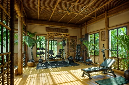 photo from pinterest of tropical-style interior designed (fitness gym interior) with squat rack and bench press and exercise bicycle and dumbbell stand and crosstrainer and squat rack. . with bamboo and teak and wicker and rattan and cane motifs and palm leaves and lattice prints and palm trees. . cinematic photo, highly detailed, cinematic lighting, ultra-detailed, ultrarealistic, photorealism, 8k. trending on pinterest. tropical interior design style. masterpiece, cinematic light, ultrarealistic+, photorealistic+, 8k, raw photo, realistic, sharp focus on eyes, (symmetrical eyes), (intact eyes), hyperrealistic, highest quality, best quality, , highly detailed, masterpiece, best quality, extremely detailed 8k wallpaper, masterpiece, best quality, ultra-detailed, best shadow, detailed background, detailed face, detailed eyes, high contrast, best illumination, detailed face, dulux, caustic, dynamic angle, detailed glow. dramatic lighting. highly detailed, insanely detailed hair, symmetrical, intricate details, professionally retouched, 8k high definition. strong bokeh. award winning photo.