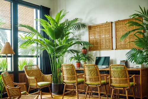 photo from pinterest of tropical-style interior designed (office interior) with lounge chairs and office chairs and windows and cabinets and plants and computer desks and office desks and desk lamps. . with wicker and teak and cane motifs and palm leaves and bamboo and lattice prints and rattan and palm trees. . cinematic photo, highly detailed, cinematic lighting, ultra-detailed, ultrarealistic, photorealism, 8k. trending on pinterest. tropical interior design style. masterpiece, cinematic light, ultrarealistic+, photorealistic+, 8k, raw photo, realistic, sharp focus on eyes, (symmetrical eyes), (intact eyes), hyperrealistic, highest quality, best quality, , highly detailed, masterpiece, best quality, extremely detailed 8k wallpaper, masterpiece, best quality, ultra-detailed, best shadow, detailed background, detailed face, detailed eyes, high contrast, best illumination, detailed face, dulux, caustic, dynamic angle, detailed glow. dramatic lighting. highly detailed, insanely detailed hair, symmetrical, intricate details, professionally retouched, 8k high definition. strong bokeh. award winning photo.