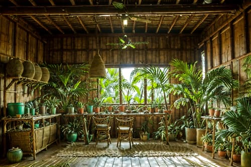 photo from pinterest of tropical-style interior designed (workshop interior) with messy and wooden workbench and tool wall and messy. . with rattan and palm trees and teak and lattice prints and wicker and palm leaves and cane motifs and bamboo. . cinematic photo, highly detailed, cinematic lighting, ultra-detailed, ultrarealistic, photorealism, 8k. trending on pinterest. tropical interior design style. masterpiece, cinematic light, ultrarealistic+, photorealistic+, 8k, raw photo, realistic, sharp focus on eyes, (symmetrical eyes), (intact eyes), hyperrealistic, highest quality, best quality, , highly detailed, masterpiece, best quality, extremely detailed 8k wallpaper, masterpiece, best quality, ultra-detailed, best shadow, detailed background, detailed face, detailed eyes, high contrast, best illumination, detailed face, dulux, caustic, dynamic angle, detailed glow. dramatic lighting. highly detailed, insanely detailed hair, symmetrical, intricate details, professionally retouched, 8k high definition. strong bokeh. award winning photo.