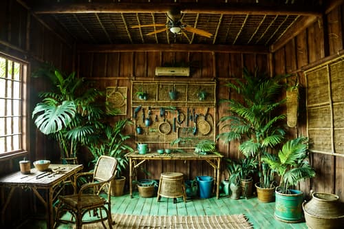 photo from pinterest of tropical-style interior designed (workshop interior) with messy and wooden workbench and tool wall and messy. . with rattan and palm trees and teak and lattice prints and wicker and palm leaves and cane motifs and bamboo. . cinematic photo, highly detailed, cinematic lighting, ultra-detailed, ultrarealistic, photorealism, 8k. trending on pinterest. tropical interior design style. masterpiece, cinematic light, ultrarealistic+, photorealistic+, 8k, raw photo, realistic, sharp focus on eyes, (symmetrical eyes), (intact eyes), hyperrealistic, highest quality, best quality, , highly detailed, masterpiece, best quality, extremely detailed 8k wallpaper, masterpiece, best quality, ultra-detailed, best shadow, detailed background, detailed face, detailed eyes, high contrast, best illumination, detailed face, dulux, caustic, dynamic angle, detailed glow. dramatic lighting. highly detailed, insanely detailed hair, symmetrical, intricate details, professionally retouched, 8k high definition. strong bokeh. award winning photo.