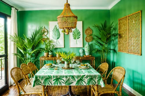 photo from pinterest of tropical-style interior designed (dining room interior) with plates, cutlery and glasses on dining table and table cloth and painting or photo on wall and plant and bookshelves and dining table and light or chandelier and vase. . with lattice prints and palm trees and rattan and palm leaves and cane motifs and bamboo and wicker and teak. . cinematic photo, highly detailed, cinematic lighting, ultra-detailed, ultrarealistic, photorealism, 8k. trending on pinterest. tropical interior design style. masterpiece, cinematic light, ultrarealistic+, photorealistic+, 8k, raw photo, realistic, sharp focus on eyes, (symmetrical eyes), (intact eyes), hyperrealistic, highest quality, best quality, , highly detailed, masterpiece, best quality, extremely detailed 8k wallpaper, masterpiece, best quality, ultra-detailed, best shadow, detailed background, detailed face, detailed eyes, high contrast, best illumination, detailed face, dulux, caustic, dynamic angle, detailed glow. dramatic lighting. highly detailed, insanely detailed hair, symmetrical, intricate details, professionally retouched, 8k high definition. strong bokeh. award winning photo.