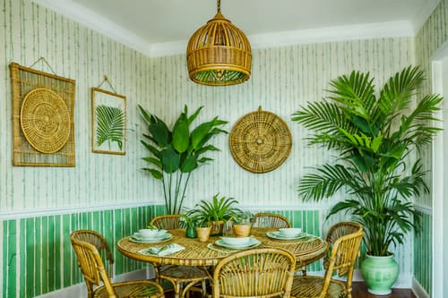 photo from pinterest of tropical-style interior designed (dining room interior) with plates, cutlery and glasses on dining table and table cloth and painting or photo on wall and plant and bookshelves and dining table and light or chandelier and vase. . with lattice prints and palm trees and rattan and palm leaves and cane motifs and bamboo and wicker and teak. . cinematic photo, highly detailed, cinematic lighting, ultra-detailed, ultrarealistic, photorealism, 8k. trending on pinterest. tropical interior design style. masterpiece, cinematic light, ultrarealistic+, photorealistic+, 8k, raw photo, realistic, sharp focus on eyes, (symmetrical eyes), (intact eyes), hyperrealistic, highest quality, best quality, , highly detailed, masterpiece, best quality, extremely detailed 8k wallpaper, masterpiece, best quality, ultra-detailed, best shadow, detailed background, detailed face, detailed eyes, high contrast, best illumination, detailed face, dulux, caustic, dynamic angle, detailed glow. dramatic lighting. highly detailed, insanely detailed hair, symmetrical, intricate details, professionally retouched, 8k high definition. strong bokeh. award winning photo.