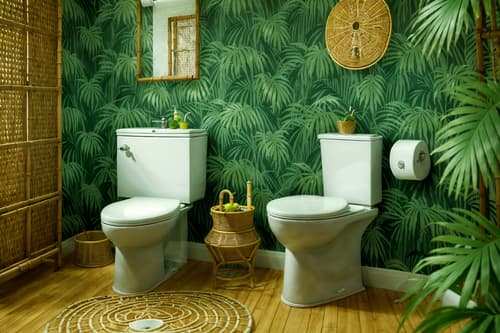 photo from pinterest of tropical-style interior designed (toilet interior) with toilet paper hanger and sink with tap and toilet with toilet seat up and toilet paper hanger. . with wicker and palm leaves and rattan and cane motifs and lattice prints and bamboo and teak and palm trees. . cinematic photo, highly detailed, cinematic lighting, ultra-detailed, ultrarealistic, photorealism, 8k. trending on pinterest. tropical interior design style. masterpiece, cinematic light, ultrarealistic+, photorealistic+, 8k, raw photo, realistic, sharp focus on eyes, (symmetrical eyes), (intact eyes), hyperrealistic, highest quality, best quality, , highly detailed, masterpiece, best quality, extremely detailed 8k wallpaper, masterpiece, best quality, ultra-detailed, best shadow, detailed background, detailed face, detailed eyes, high contrast, best illumination, detailed face, dulux, caustic, dynamic angle, detailed glow. dramatic lighting. highly detailed, insanely detailed hair, symmetrical, intricate details, professionally retouched, 8k high definition. strong bokeh. award winning photo.