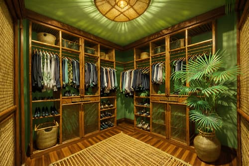 photo from pinterest of tropical-style interior designed (walk in closet interior) . with cane motifs and lattice prints and palm leaves and bamboo and teak and rattan and wicker and palm trees. . cinematic photo, highly detailed, cinematic lighting, ultra-detailed, ultrarealistic, photorealism, 8k. trending on pinterest. tropical interior design style. masterpiece, cinematic light, ultrarealistic+, photorealistic+, 8k, raw photo, realistic, sharp focus on eyes, (symmetrical eyes), (intact eyes), hyperrealistic, highest quality, best quality, , highly detailed, masterpiece, best quality, extremely detailed 8k wallpaper, masterpiece, best quality, ultra-detailed, best shadow, detailed background, detailed face, detailed eyes, high contrast, best illumination, detailed face, dulux, caustic, dynamic angle, detailed glow. dramatic lighting. highly detailed, insanely detailed hair, symmetrical, intricate details, professionally retouched, 8k high definition. strong bokeh. award winning photo.