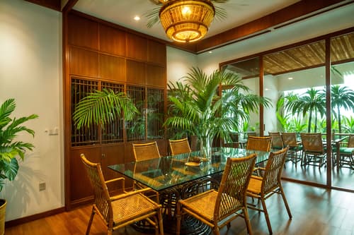 photo from pinterest of tropical-style interior designed (meeting room interior) with office chairs and boardroom table and glass walls and vase and painting or photo on wall and plant and cabinets and glass doors. . with palm leaves and teak and lattice prints and wicker and rattan and cane motifs and palm trees and bamboo. . cinematic photo, highly detailed, cinematic lighting, ultra-detailed, ultrarealistic, photorealism, 8k. trending on pinterest. tropical interior design style. masterpiece, cinematic light, ultrarealistic+, photorealistic+, 8k, raw photo, realistic, sharp focus on eyes, (symmetrical eyes), (intact eyes), hyperrealistic, highest quality, best quality, , highly detailed, masterpiece, best quality, extremely detailed 8k wallpaper, masterpiece, best quality, ultra-detailed, best shadow, detailed background, detailed face, detailed eyes, high contrast, best illumination, detailed face, dulux, caustic, dynamic angle, detailed glow. dramatic lighting. highly detailed, insanely detailed hair, symmetrical, intricate details, professionally retouched, 8k high definition. strong bokeh. award winning photo.