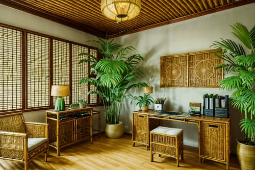 photo from pinterest of tropical-style interior designed (home office interior) with cabinets and plant and computer desk and desk lamp and office chair and cabinets. . with bamboo and palm leaves and lattice prints and rattan and palm trees and wicker and cane motifs and teak. . cinematic photo, highly detailed, cinematic lighting, ultra-detailed, ultrarealistic, photorealism, 8k. trending on pinterest. tropical interior design style. masterpiece, cinematic light, ultrarealistic+, photorealistic+, 8k, raw photo, realistic, sharp focus on eyes, (symmetrical eyes), (intact eyes), hyperrealistic, highest quality, best quality, , highly detailed, masterpiece, best quality, extremely detailed 8k wallpaper, masterpiece, best quality, ultra-detailed, best shadow, detailed background, detailed face, detailed eyes, high contrast, best illumination, detailed face, dulux, caustic, dynamic angle, detailed glow. dramatic lighting. highly detailed, insanely detailed hair, symmetrical, intricate details, professionally retouched, 8k high definition. strong bokeh. award winning photo.
