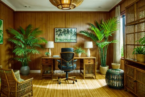 photo from pinterest of tropical-style interior designed (home office interior) with cabinets and plant and computer desk and desk lamp and office chair and cabinets. . with bamboo and palm leaves and lattice prints and rattan and palm trees and wicker and cane motifs and teak. . cinematic photo, highly detailed, cinematic lighting, ultra-detailed, ultrarealistic, photorealism, 8k. trending on pinterest. tropical interior design style. masterpiece, cinematic light, ultrarealistic+, photorealistic+, 8k, raw photo, realistic, sharp focus on eyes, (symmetrical eyes), (intact eyes), hyperrealistic, highest quality, best quality, , highly detailed, masterpiece, best quality, extremely detailed 8k wallpaper, masterpiece, best quality, ultra-detailed, best shadow, detailed background, detailed face, detailed eyes, high contrast, best illumination, detailed face, dulux, caustic, dynamic angle, detailed glow. dramatic lighting. highly detailed, insanely detailed hair, symmetrical, intricate details, professionally retouched, 8k high definition. strong bokeh. award winning photo.