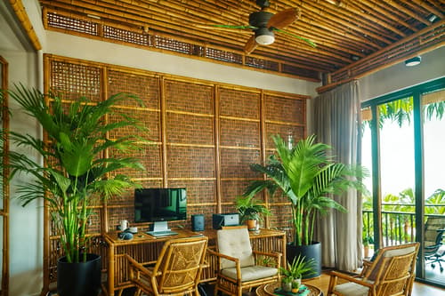 photo from pinterest of tropical-style interior designed (coworking space interior) with office desks and lounge chairs and office chairs and seating area with sofa and office desks. . with wicker and palm leaves and palm trees and teak and lattice prints and bamboo and cane motifs and rattan. . cinematic photo, highly detailed, cinematic lighting, ultra-detailed, ultrarealistic, photorealism, 8k. trending on pinterest. tropical interior design style. masterpiece, cinematic light, ultrarealistic+, photorealistic+, 8k, raw photo, realistic, sharp focus on eyes, (symmetrical eyes), (intact eyes), hyperrealistic, highest quality, best quality, , highly detailed, masterpiece, best quality, extremely detailed 8k wallpaper, masterpiece, best quality, ultra-detailed, best shadow, detailed background, detailed face, detailed eyes, high contrast, best illumination, detailed face, dulux, caustic, dynamic angle, detailed glow. dramatic lighting. highly detailed, insanely detailed hair, symmetrical, intricate details, professionally retouched, 8k high definition. strong bokeh. award winning photo.