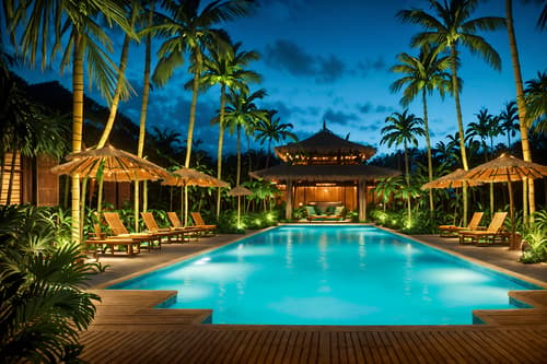 photo from pinterest of tropical-style designed (outdoor pool area ) with pool lights and pool lounge chairs and pool and pool lights. . with rattan and lattice prints and palm leaves and palm trees and wicker and teak and cane motifs and bamboo. . cinematic photo, highly detailed, cinematic lighting, ultra-detailed, ultrarealistic, photorealism, 8k. trending on pinterest. tropical design style. masterpiece, cinematic light, ultrarealistic+, photorealistic+, 8k, raw photo, realistic, sharp focus on eyes, (symmetrical eyes), (intact eyes), hyperrealistic, highest quality, best quality, , highly detailed, masterpiece, best quality, extremely detailed 8k wallpaper, masterpiece, best quality, ultra-detailed, best shadow, detailed background, detailed face, detailed eyes, high contrast, best illumination, detailed face, dulux, caustic, dynamic angle, detailed glow. dramatic lighting. highly detailed, insanely detailed hair, symmetrical, intricate details, professionally retouched, 8k high definition. strong bokeh. award winning photo.