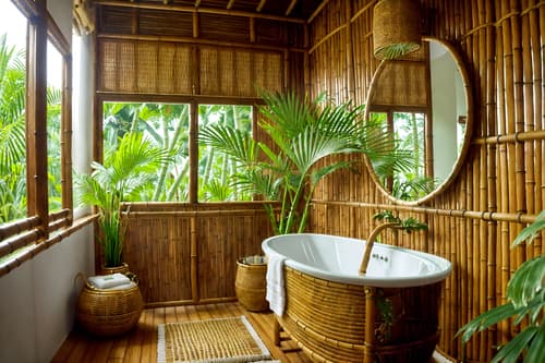 photo from pinterest of tropical-style interior designed (bathroom interior) with bath towel and bathroom sink with faucet and bathroom cabinet and mirror and shower and waste basket and plant and bath rail. . with bamboo and teak and lattice prints and cane motifs and palm trees and rattan and wicker and palm leaves. . cinematic photo, highly detailed, cinematic lighting, ultra-detailed, ultrarealistic, photorealism, 8k. trending on pinterest. tropical interior design style. masterpiece, cinematic light, ultrarealistic+, photorealistic+, 8k, raw photo, realistic, sharp focus on eyes, (symmetrical eyes), (intact eyes), hyperrealistic, highest quality, best quality, , highly detailed, masterpiece, best quality, extremely detailed 8k wallpaper, masterpiece, best quality, ultra-detailed, best shadow, detailed background, detailed face, detailed eyes, high contrast, best illumination, detailed face, dulux, caustic, dynamic angle, detailed glow. dramatic lighting. highly detailed, insanely detailed hair, symmetrical, intricate details, professionally retouched, 8k high definition. strong bokeh. award winning photo.