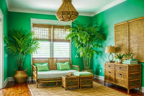 photo from pinterest of tropical-style interior designed (kids room interior) with headboard and accent chair and storage bench or ottoman and plant and bed and bedside table or night stand and night light and mirror. . with palm leaves and wicker and teak and cane motifs and rattan and lattice prints and palm trees and bamboo. . cinematic photo, highly detailed, cinematic lighting, ultra-detailed, ultrarealistic, photorealism, 8k. trending on pinterest. tropical interior design style. masterpiece, cinematic light, ultrarealistic+, photorealistic+, 8k, raw photo, realistic, sharp focus on eyes, (symmetrical eyes), (intact eyes), hyperrealistic, highest quality, best quality, , highly detailed, masterpiece, best quality, extremely detailed 8k wallpaper, masterpiece, best quality, ultra-detailed, best shadow, detailed background, detailed face, detailed eyes, high contrast, best illumination, detailed face, dulux, caustic, dynamic angle, detailed glow. dramatic lighting. highly detailed, insanely detailed hair, symmetrical, intricate details, professionally retouched, 8k high definition. strong bokeh. award winning photo.
