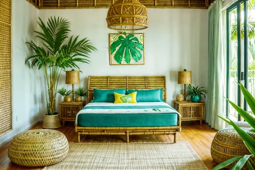 photo from pinterest of tropical-style interior designed (kids room interior) with headboard and accent chair and storage bench or ottoman and plant and bed and bedside table or night stand and night light and mirror. . with palm leaves and wicker and teak and cane motifs and rattan and lattice prints and palm trees and bamboo. . cinematic photo, highly detailed, cinematic lighting, ultra-detailed, ultrarealistic, photorealism, 8k. trending on pinterest. tropical interior design style. masterpiece, cinematic light, ultrarealistic+, photorealistic+, 8k, raw photo, realistic, sharp focus on eyes, (symmetrical eyes), (intact eyes), hyperrealistic, highest quality, best quality, , highly detailed, masterpiece, best quality, extremely detailed 8k wallpaper, masterpiece, best quality, ultra-detailed, best shadow, detailed background, detailed face, detailed eyes, high contrast, best illumination, detailed face, dulux, caustic, dynamic angle, detailed glow. dramatic lighting. highly detailed, insanely detailed hair, symmetrical, intricate details, professionally retouched, 8k high definition. strong bokeh. award winning photo.