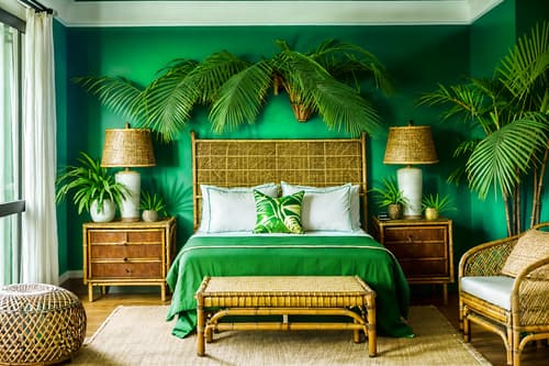 photo from pinterest of tropical-style interior designed (hotel room interior) with bedside table or night stand and accent chair and dresser closet and night light and headboard and storage bench or ottoman and working desk with desk chair and hotel bathroom. . with palm leaves and lattice prints and rattan and palm trees and cane motifs and teak and wicker and bamboo. . cinematic photo, highly detailed, cinematic lighting, ultra-detailed, ultrarealistic, photorealism, 8k. trending on pinterest. tropical interior design style. masterpiece, cinematic light, ultrarealistic+, photorealistic+, 8k, raw photo, realistic, sharp focus on eyes, (symmetrical eyes), (intact eyes), hyperrealistic, highest quality, best quality, , highly detailed, masterpiece, best quality, extremely detailed 8k wallpaper, masterpiece, best quality, ultra-detailed, best shadow, detailed background, detailed face, detailed eyes, high contrast, best illumination, detailed face, dulux, caustic, dynamic angle, detailed glow. dramatic lighting. highly detailed, insanely detailed hair, symmetrical, intricate details, professionally retouched, 8k high definition. strong bokeh. award winning photo.
