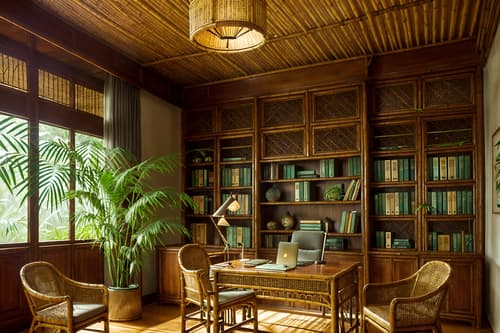 photo from pinterest of tropical-style interior designed (study room interior) with desk lamp and cabinets and bookshelves and writing desk and office chair and plant and lounge chair and desk lamp. . with bamboo and cane motifs and rattan and wicker and palm trees and teak and palm leaves and lattice prints. . cinematic photo, highly detailed, cinematic lighting, ultra-detailed, ultrarealistic, photorealism, 8k. trending on pinterest. tropical interior design style. masterpiece, cinematic light, ultrarealistic+, photorealistic+, 8k, raw photo, realistic, sharp focus on eyes, (symmetrical eyes), (intact eyes), hyperrealistic, highest quality, best quality, , highly detailed, masterpiece, best quality, extremely detailed 8k wallpaper, masterpiece, best quality, ultra-detailed, best shadow, detailed background, detailed face, detailed eyes, high contrast, best illumination, detailed face, dulux, caustic, dynamic angle, detailed glow. dramatic lighting. highly detailed, insanely detailed hair, symmetrical, intricate details, professionally retouched, 8k high definition. strong bokeh. award winning photo.