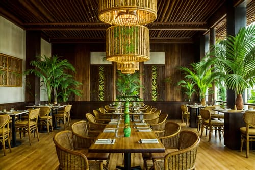 photo from pinterest of tropical-style interior designed (restaurant interior) with restaurant dining tables and restaurant decor and restaurant bar and restaurant chairs and restaurant dining tables. . with wicker and cane motifs and teak and palm trees and bamboo and palm leaves and rattan and lattice prints. . cinematic photo, highly detailed, cinematic lighting, ultra-detailed, ultrarealistic, photorealism, 8k. trending on pinterest. tropical interior design style. masterpiece, cinematic light, ultrarealistic+, photorealistic+, 8k, raw photo, realistic, sharp focus on eyes, (symmetrical eyes), (intact eyes), hyperrealistic, highest quality, best quality, , highly detailed, masterpiece, best quality, extremely detailed 8k wallpaper, masterpiece, best quality, ultra-detailed, best shadow, detailed background, detailed face, detailed eyes, high contrast, best illumination, detailed face, dulux, caustic, dynamic angle, detailed glow. dramatic lighting. highly detailed, insanely detailed hair, symmetrical, intricate details, professionally retouched, 8k high definition. strong bokeh. award winning photo.
