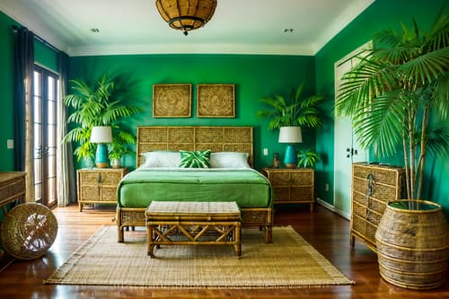 photo from pinterest of tropical-style interior designed (bedroom interior) with storage bench or ottoman and accent chair and plant and mirror and night light and dresser closet and bedside table or night stand and bed. . with palm trees and teak and rattan and wicker and palm leaves and bamboo and lattice prints and cane motifs. . cinematic photo, highly detailed, cinematic lighting, ultra-detailed, ultrarealistic, photorealism, 8k. trending on pinterest. tropical interior design style. masterpiece, cinematic light, ultrarealistic+, photorealistic+, 8k, raw photo, realistic, sharp focus on eyes, (symmetrical eyes), (intact eyes), hyperrealistic, highest quality, best quality, , highly detailed, masterpiece, best quality, extremely detailed 8k wallpaper, masterpiece, best quality, ultra-detailed, best shadow, detailed background, detailed face, detailed eyes, high contrast, best illumination, detailed face, dulux, caustic, dynamic angle, detailed glow. dramatic lighting. highly detailed, insanely detailed hair, symmetrical, intricate details, professionally retouched, 8k high definition. strong bokeh. award winning photo.
