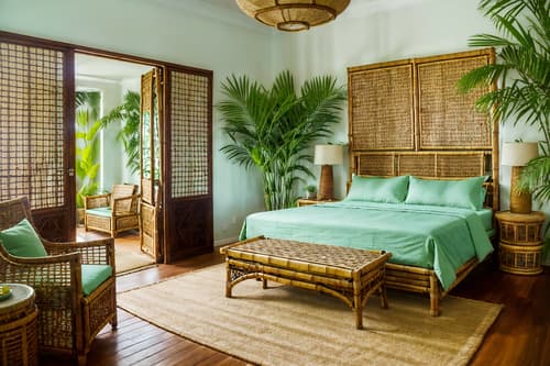 photo from pinterest of tropical-style interior designed (bedroom interior) with storage bench or ottoman and accent chair and plant and mirror and night light and dresser closet and bedside table or night stand and bed. . with palm trees and teak and rattan and wicker and palm leaves and bamboo and lattice prints and cane motifs. . cinematic photo, highly detailed, cinematic lighting, ultra-detailed, ultrarealistic, photorealism, 8k. trending on pinterest. tropical interior design style. masterpiece, cinematic light, ultrarealistic+, photorealistic+, 8k, raw photo, realistic, sharp focus on eyes, (symmetrical eyes), (intact eyes), hyperrealistic, highest quality, best quality, , highly detailed, masterpiece, best quality, extremely detailed 8k wallpaper, masterpiece, best quality, ultra-detailed, best shadow, detailed background, detailed face, detailed eyes, high contrast, best illumination, detailed face, dulux, caustic, dynamic angle, detailed glow. dramatic lighting. highly detailed, insanely detailed hair, symmetrical, intricate details, professionally retouched, 8k high definition. strong bokeh. award winning photo.
