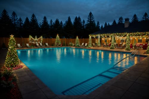 photo from pinterest of christmas-style designed (outdoor pool area ) with pool and pool lights and pool lounge chairs and pool. . with tie pinecones and berries and snow outside and plaid rugs and giftwrapped gifts and christmas ornaments and berries and greenery draped and ribbons and a few big socks hanging. . cinematic photo, highly detailed, cinematic lighting, ultra-detailed, ultrarealistic, photorealism, 8k. trending on pinterest. christmas design style. masterpiece, cinematic light, ultrarealistic+, photorealistic+, 8k, raw photo, realistic, sharp focus on eyes, (symmetrical eyes), (intact eyes), hyperrealistic, highest quality, best quality, , highly detailed, masterpiece, best quality, extremely detailed 8k wallpaper, masterpiece, best quality, ultra-detailed, best shadow, detailed background, detailed face, detailed eyes, high contrast, best illumination, detailed face, dulux, caustic, dynamic angle, detailed glow. dramatic lighting. highly detailed, insanely detailed hair, symmetrical, intricate details, professionally retouched, 8k high definition. strong bokeh. award winning photo.