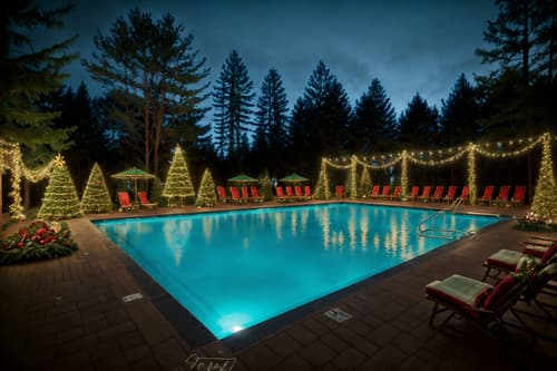 photo from pinterest of christmas-style designed (outdoor pool area ) with pool and pool lights and pool lounge chairs and pool. . with tie pinecones and berries and snow outside and plaid rugs and giftwrapped gifts and christmas ornaments and berries and greenery draped and ribbons and a few big socks hanging. . cinematic photo, highly detailed, cinematic lighting, ultra-detailed, ultrarealistic, photorealism, 8k. trending on pinterest. christmas design style. masterpiece, cinematic light, ultrarealistic+, photorealistic+, 8k, raw photo, realistic, sharp focus on eyes, (symmetrical eyes), (intact eyes), hyperrealistic, highest quality, best quality, , highly detailed, masterpiece, best quality, extremely detailed 8k wallpaper, masterpiece, best quality, ultra-detailed, best shadow, detailed background, detailed face, detailed eyes, high contrast, best illumination, detailed face, dulux, caustic, dynamic angle, detailed glow. dramatic lighting. highly detailed, insanely detailed hair, symmetrical, intricate details, professionally retouched, 8k high definition. strong bokeh. award winning photo.