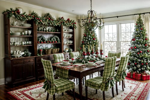 photo from pinterest of christmas-style interior designed (dining room interior) with bookshelves and dining table chairs and dining table and plant and plates, cutlery and glasses on dining table and light or chandelier and vase and table cloth. . with ribbons and snow outside and plaid rugs and christmas ornaments and berries and greenery draped and tie pinecones and berries and a few big socks hanging and giftwrapped gifts. . cinematic photo, highly detailed, cinematic lighting, ultra-detailed, ultrarealistic, photorealism, 8k. trending on pinterest. christmas interior design style. masterpiece, cinematic light, ultrarealistic+, photorealistic+, 8k, raw photo, realistic, sharp focus on eyes, (symmetrical eyes), (intact eyes), hyperrealistic, highest quality, best quality, , highly detailed, masterpiece, best quality, extremely detailed 8k wallpaper, masterpiece, best quality, ultra-detailed, best shadow, detailed background, detailed face, detailed eyes, high contrast, best illumination, detailed face, dulux, caustic, dynamic angle, detailed glow. dramatic lighting. highly detailed, insanely detailed hair, symmetrical, intricate details, professionally retouched, 8k high definition. strong bokeh. award winning photo.