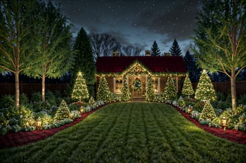 photo from pinterest of christmas-style designed (outdoor garden ) with garden plants and grass and garden tree and garden plants. . with berries and greenery draped and plaid rugs and snow outside and christmas ornaments and ribbons and giftwrapped gifts and tie pinecones and berries and a few big socks hanging. . cinematic photo, highly detailed, cinematic lighting, ultra-detailed, ultrarealistic, photorealism, 8k. trending on pinterest. christmas design style. masterpiece, cinematic light, ultrarealistic+, photorealistic+, 8k, raw photo, realistic, sharp focus on eyes, (symmetrical eyes), (intact eyes), hyperrealistic, highest quality, best quality, , highly detailed, masterpiece, best quality, extremely detailed 8k wallpaper, masterpiece, best quality, ultra-detailed, best shadow, detailed background, detailed face, detailed eyes, high contrast, best illumination, detailed face, dulux, caustic, dynamic angle, detailed glow. dramatic lighting. highly detailed, insanely detailed hair, symmetrical, intricate details, professionally retouched, 8k high definition. strong bokeh. award winning photo.