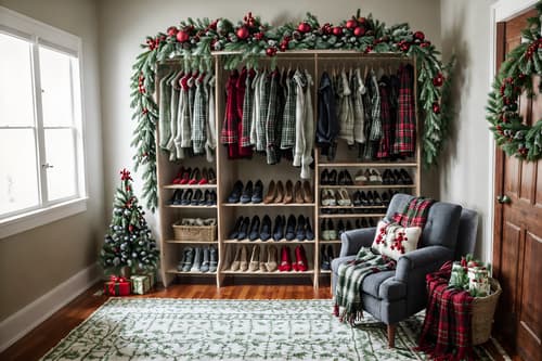photo from pinterest of christmas-style interior designed (walk in closet interior) . with tie pinecones and berries and berries and greenery draped and plaid rugs and ribbons and a few big socks hanging and christmas ornaments and snow outside and giftwrapped gifts. . cinematic photo, highly detailed, cinematic lighting, ultra-detailed, ultrarealistic, photorealism, 8k. trending on pinterest. christmas interior design style. masterpiece, cinematic light, ultrarealistic+, photorealistic+, 8k, raw photo, realistic, sharp focus on eyes, (symmetrical eyes), (intact eyes), hyperrealistic, highest quality, best quality, , highly detailed, masterpiece, best quality, extremely detailed 8k wallpaper, masterpiece, best quality, ultra-detailed, best shadow, detailed background, detailed face, detailed eyes, high contrast, best illumination, detailed face, dulux, caustic, dynamic angle, detailed glow. dramatic lighting. highly detailed, insanely detailed hair, symmetrical, intricate details, professionally retouched, 8k high definition. strong bokeh. award winning photo.