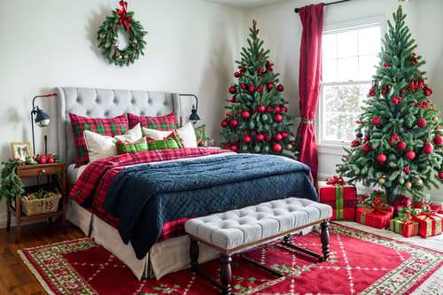 photo from pinterest of christmas-style interior designed (kids room interior) with bed and kids desk and bedside table or night stand and accent chair and plant and storage bench or ottoman and mirror and night light. . with berries and greenery draped and plaid rugs and giftwrapped gifts and snow outside and a few big socks hanging and tie pinecones and berries and ribbons and christmas ornaments. . cinematic photo, highly detailed, cinematic lighting, ultra-detailed, ultrarealistic, photorealism, 8k. trending on pinterest. christmas interior design style. masterpiece, cinematic light, ultrarealistic+, photorealistic+, 8k, raw photo, realistic, sharp focus on eyes, (symmetrical eyes), (intact eyes), hyperrealistic, highest quality, best quality, , highly detailed, masterpiece, best quality, extremely detailed 8k wallpaper, masterpiece, best quality, ultra-detailed, best shadow, detailed background, detailed face, detailed eyes, high contrast, best illumination, detailed face, dulux, caustic, dynamic angle, detailed glow. dramatic lighting. highly detailed, insanely detailed hair, symmetrical, intricate details, professionally retouched, 8k high definition. strong bokeh. award winning photo.